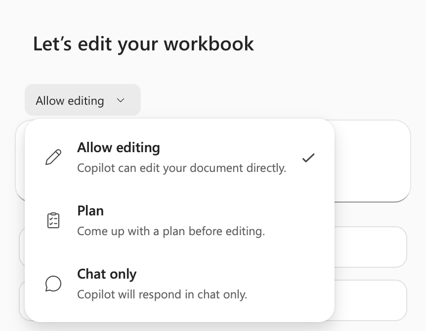 Zrzut ekranu przedstawiający menu opcji trybu Copilot w programie Excel.