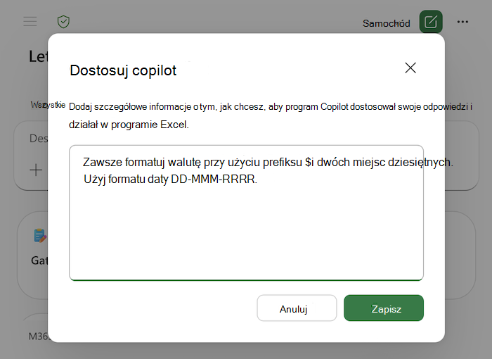 Zrzut ekranu przedstawiający okno dialogowe Personalizacja copilot w programie Excel, w tym przykłady w obszarze tekstu.
