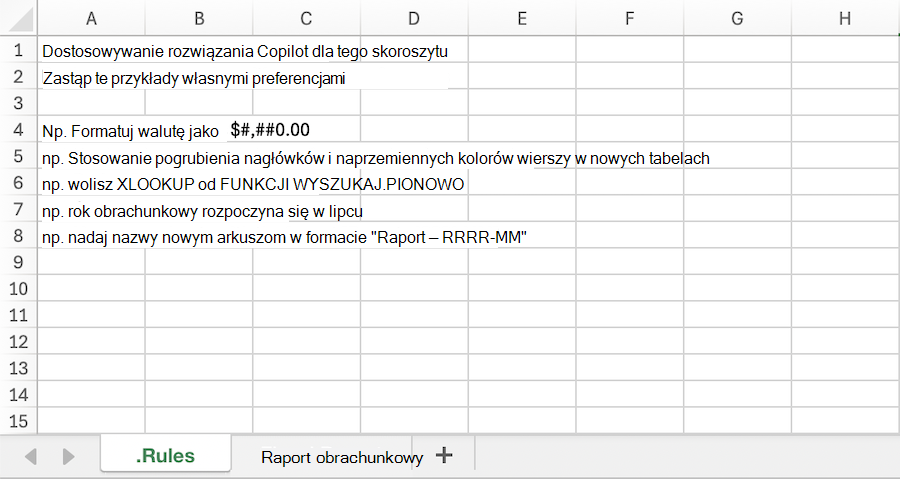 Zrzut ekranu przedstawiający tabelę Copilot w skoroszycie programu Excel z przykładową tabelą . Arkusz Reguły.