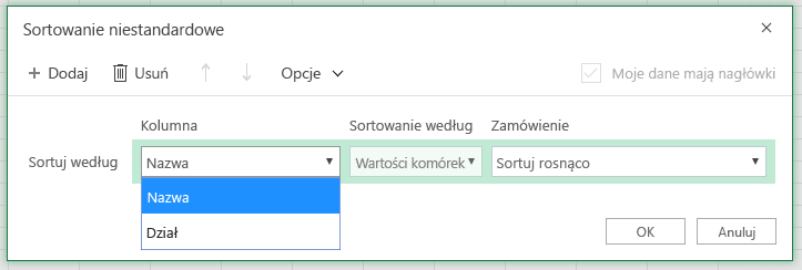 Niestandardowe okno dialogowe sortowania z kolumną sortowania według wierszy jest zaznaczone w kolumnie Nazwa