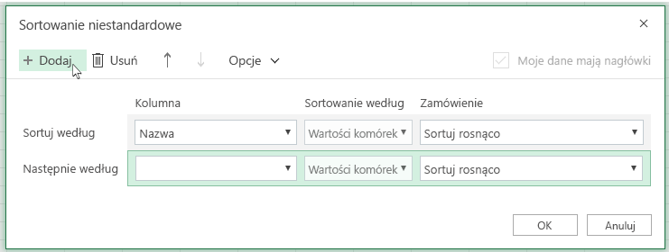 Po kliknięciu pozycji Dodaj kolejny poziom sortowania pojawi się na liście w pobliżu pozycji Następnie według