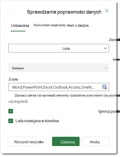 Ustawienia sprawdzania poprawności danych
