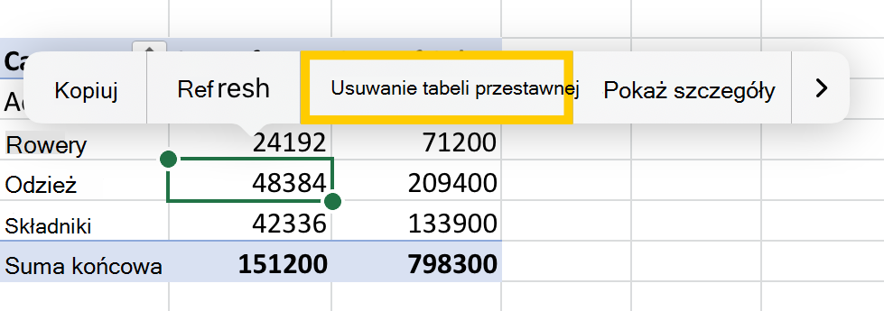 Opcja Usuń tabelę przestawną z menu kontekstowego na tablecie iPad.