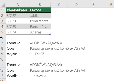 Przykład używania funkcji PORÓWNAJ w celu porównania jednej komórki z drugą