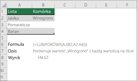 Przykład użycia funkcji LUB i PORÓWNAJ w celu porównania jednej wartości z listą wartości