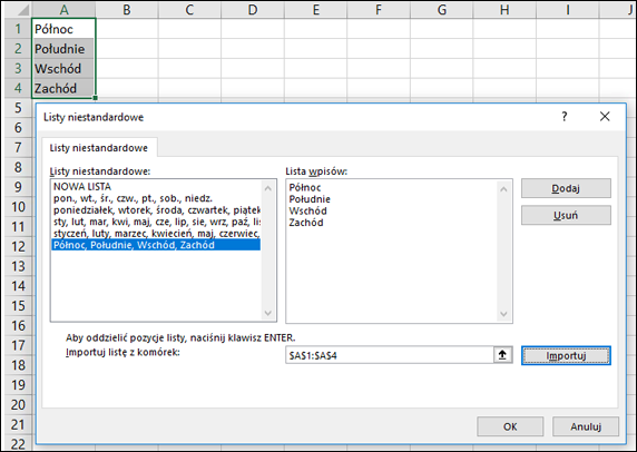 Okno dialogowe Lista niestandardowa w obszarze Opcje pliku > Zaawansowane >> ogólne > edytowanie list niestandardowych. W programie Excel 2007 kliknij przycisk > pakietu Office Opcje programu Excel Popularne > opcje > edytowania list niestandardowych.