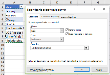 Wybór źródła sprawdzania poprawności danych