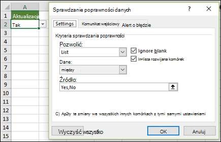 Lista rozwijana Źródło jest wprowadzane ręcznie