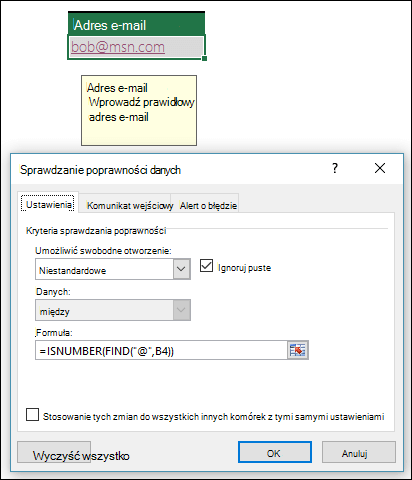 sprawdzania poprawności danych zapewniający, że adres e-mail zawiera symbol @