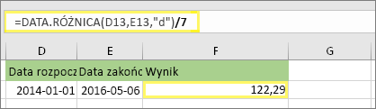 =(DATA.RÓŻNICA(D13,E13,d)/7) i wynik: 122,29
