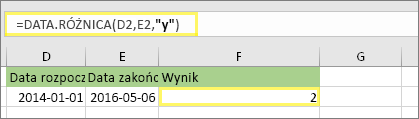 =DATA.RÓŻNICA(D2;E2;y) i wynik: 2