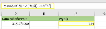 =DATA.RÓŻNICA(DZIŚ(),D28,y) i wynik: 984