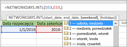 Lista funkcji IntelliSense wyświetla wartości 2 — niedziela, poniedziałek; 3 — poniedziałek, wtorek itd