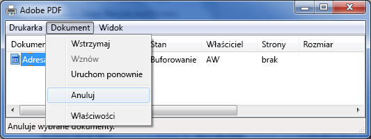 W menu Dokument kliknij przycisk Anuluj.