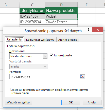 Przykład 2: Formuły sprawdzania poprawności danych