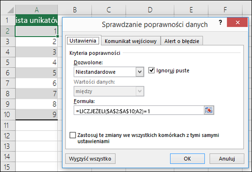 Przykład 4: Formuły sprawdzania poprawności danych