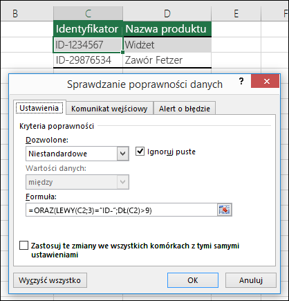Przykład 6: Formuły w sprawdzaniu poprawności danych