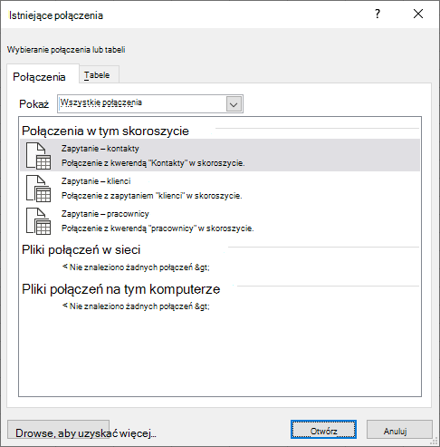 W oknie dialogowym Istniejące połączenia w programie Excel jest wyświetlana lista źródeł danych obecnie używanych w skoroszycie