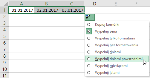 Tworzenie listy kolejnych dat za pomocą uchwytu wypełniania