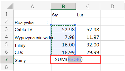 Komórka Autosumowanie w programie Excel dla sieci Web