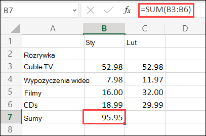 Formuła Autosumowanie w programie Excel dla sieci Web