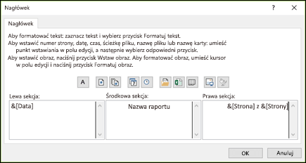 Okno dialogowe Ustawienia strony (nagłówek niestandardowy)