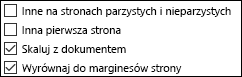 Opcje nagłówków i stopek w oknie dialogowym Ustawienia strony