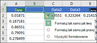 Obraz przycisku Opcje wstawiania, który jest wyświetlany po wstawieniu wierszy lub kolumn.