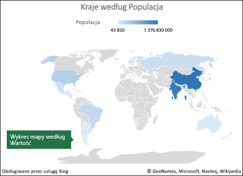 Wykres mapy programu Excel z danymi wartości