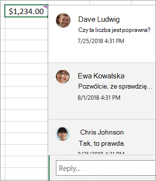 Komórka z wartością 1234,00 zł i dołączonym komentarzem z wątkami: Dave Ludwig: Czy ta liczba jest poprawna? Amy Smith: Pozwólcie, że sprawdzię... itd.