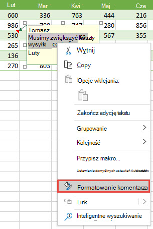 Sformatuj komentarz, zaznaczając tekst do sformatowania, a następnie klikając prawym przyciskiem myszy i wybierając polecenie Formatuj komentarz.