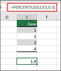 Funkcja PERCENTYL w programie Excel, aby zwrócić 30-ty percentyl danego zakresu z funkcją =PERCENTYL(E2:E5;0,3).