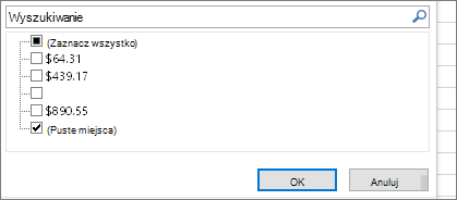 Menu Filtr z zaznaczonym polem wyboru Zaznacz wszystko, (Puste)
