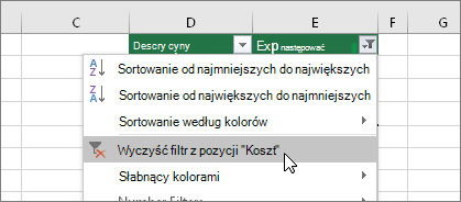 Menu Filtruj, Wyczyść filtr z ...