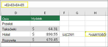Komórka H4 z formułą =E2+E3+E4+E5 i wynikiem #VALUE!