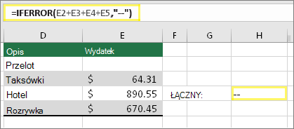 Komórka H4 z funkcją =JEŻELI.BŁĄD(E2+E3+E4+E5,--)
