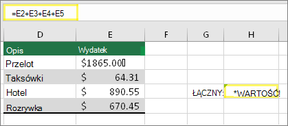 H4 z =E2+E3+E4+E5 i wynikiem #VALUE!