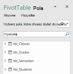 Lista pól tabeli przestawnej dodatku Power Pivot