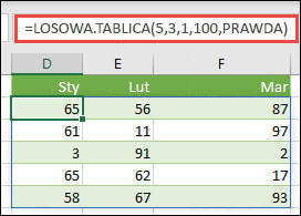 RANDARRAY z argumentami Min, Max & Liczba całkowita