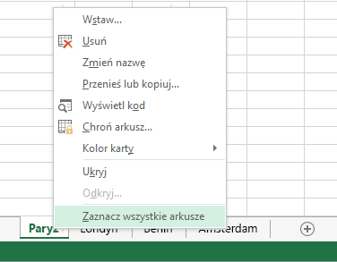 W menu otwieranym po kliknięciu prawym przyciskiem myszy wybrano polecenie Zaznacz wszystkie arkusze.