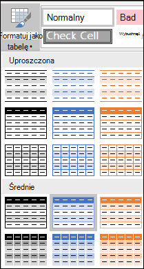 Galeria stylów programu Excel dla pozycji Formatuj jako tabelę