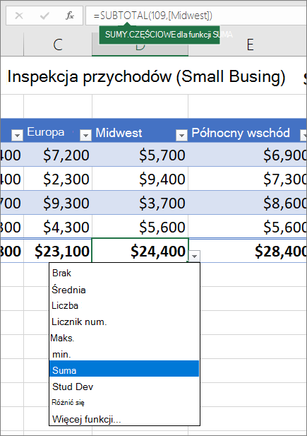 Przykład przedstawiający wybieranie formuły Wiersz sumy z listy rozwijanej formuły Wiersz sumy.