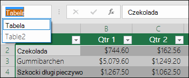 Pasek adresu programu Excel po lewej stronie paska formuły
