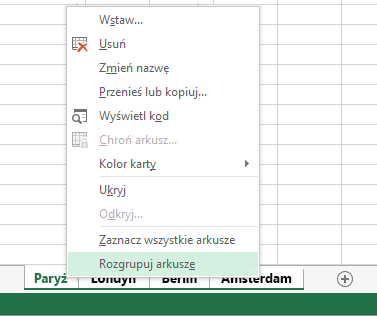 W menu otwieranym po kliknięciu prawym przyciskiem myszy wybrano polecenie Rozgrupuj arkusze.