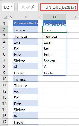 Funkcja UNIKATOWE umożliwia sortowanie list nazw