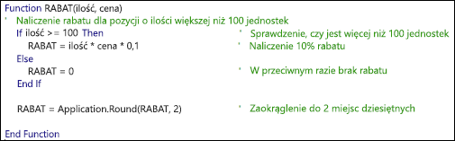 Przykład funkcji VBA z komentarzami