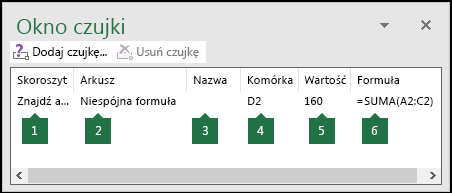 Okno czujki umożliwia łatwe monitorowanie formuł używanych w arkuszu