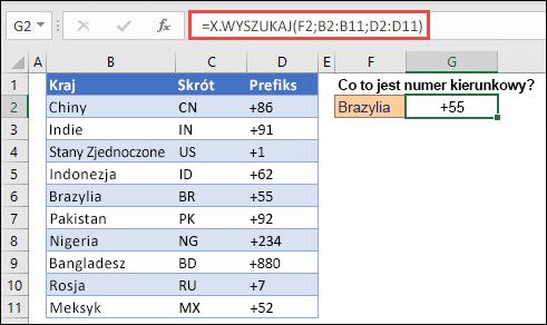 Przykład funkcji X.WYSZUKAJ użytej do zwrócenia imienia i nazwiska pracownika oraz działu na podstawie identyfikatora pracownika. Formuła to =X.WYSZUKAJ(B2;B5:B14;C5:C14)