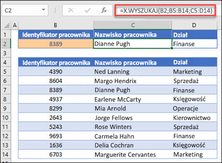 Przykład funkcji X.WYSZUKAJ używanej do zwracania imienia i nazwiska pracownika oraz działu na podstawie identyfikatora pracownika. Formuła to: =X.WYSZUKAJ(B2;B5:B14;C5:D14;0;1)