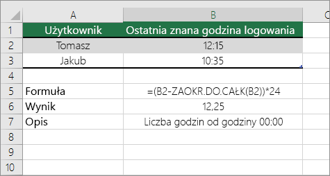 Przykład: Konwertowanie godzin z formatu czasu standardowego na liczbę dziesiętną